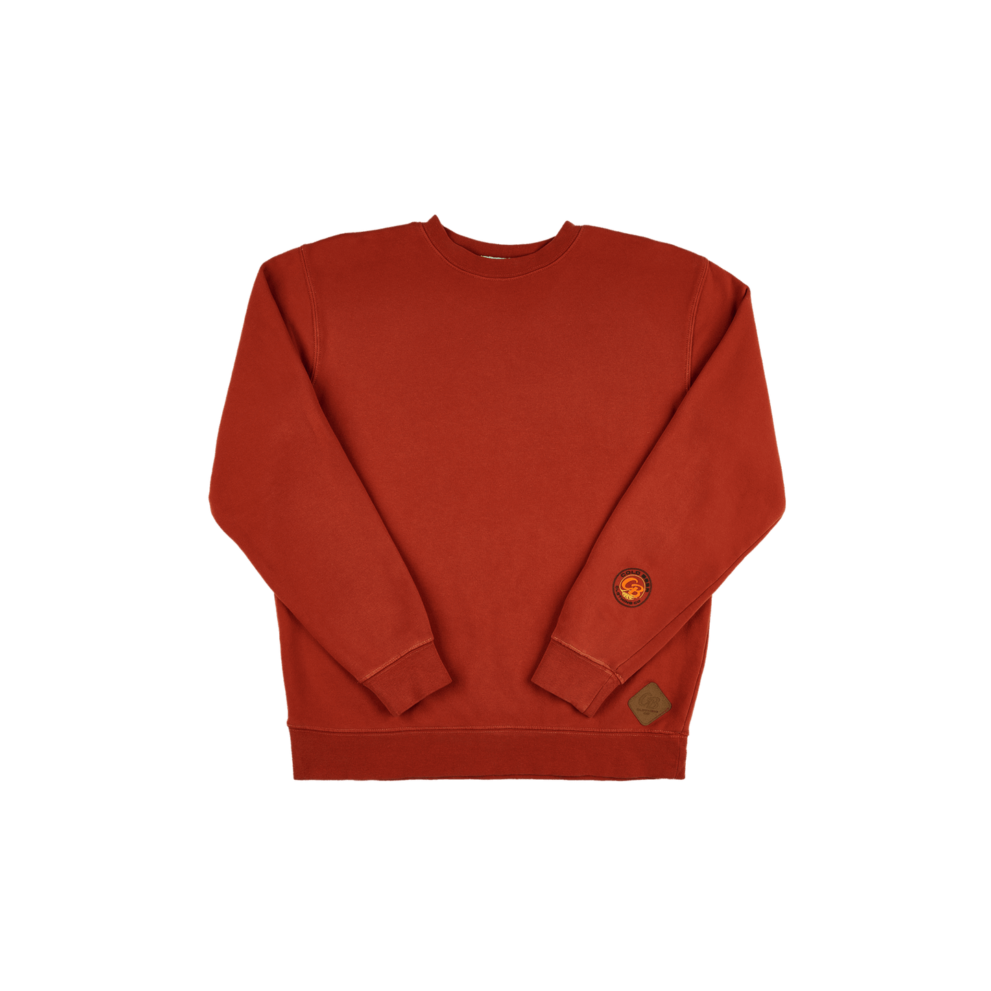 Front view of a men’s and women’s crewneck sweatshirt with embroidered patches