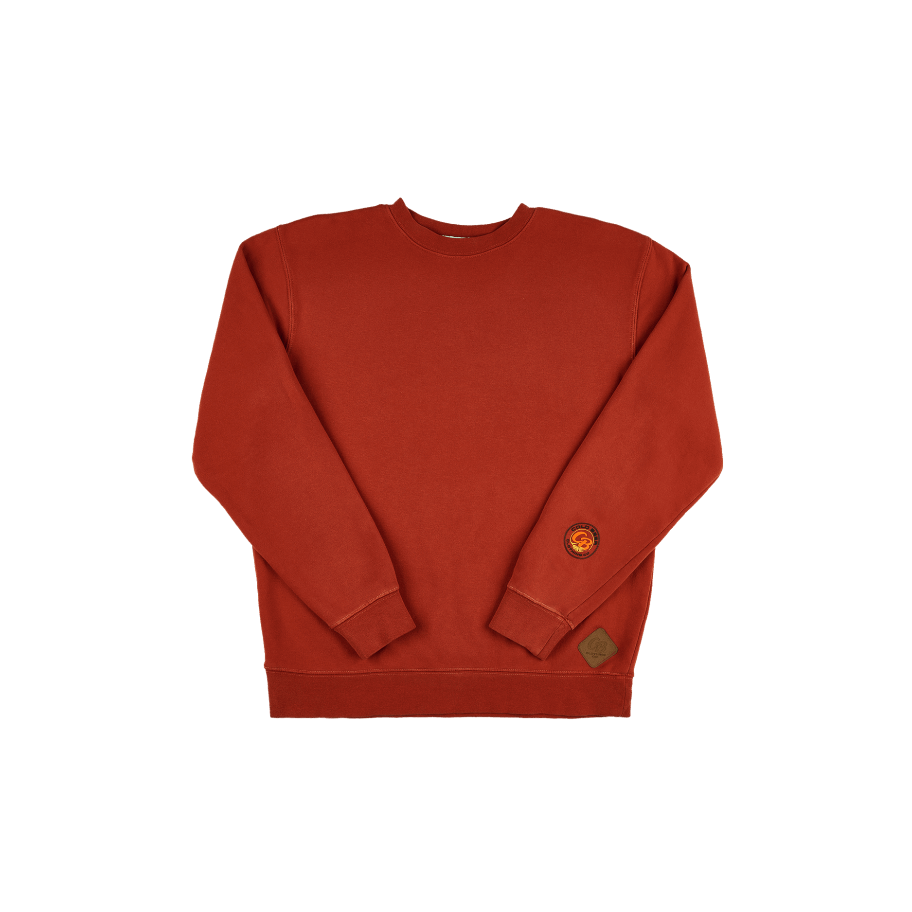 Front view of a men’s and women’s crewneck sweatshirt with embroidered patches