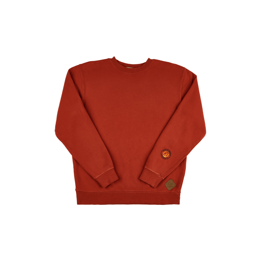 Front view of a men’s and women’s crewneck sweatshirt with embroidered patches