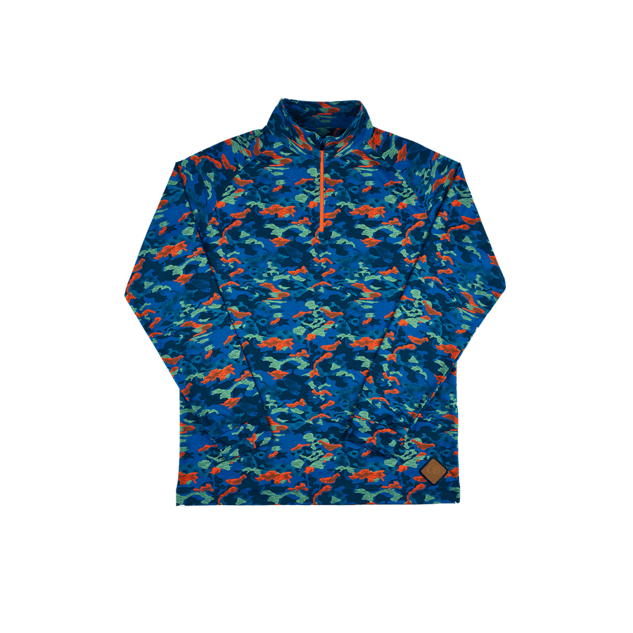 Close-up of the Urban Camo Quarter Zip, highlighting fabric texture and logo