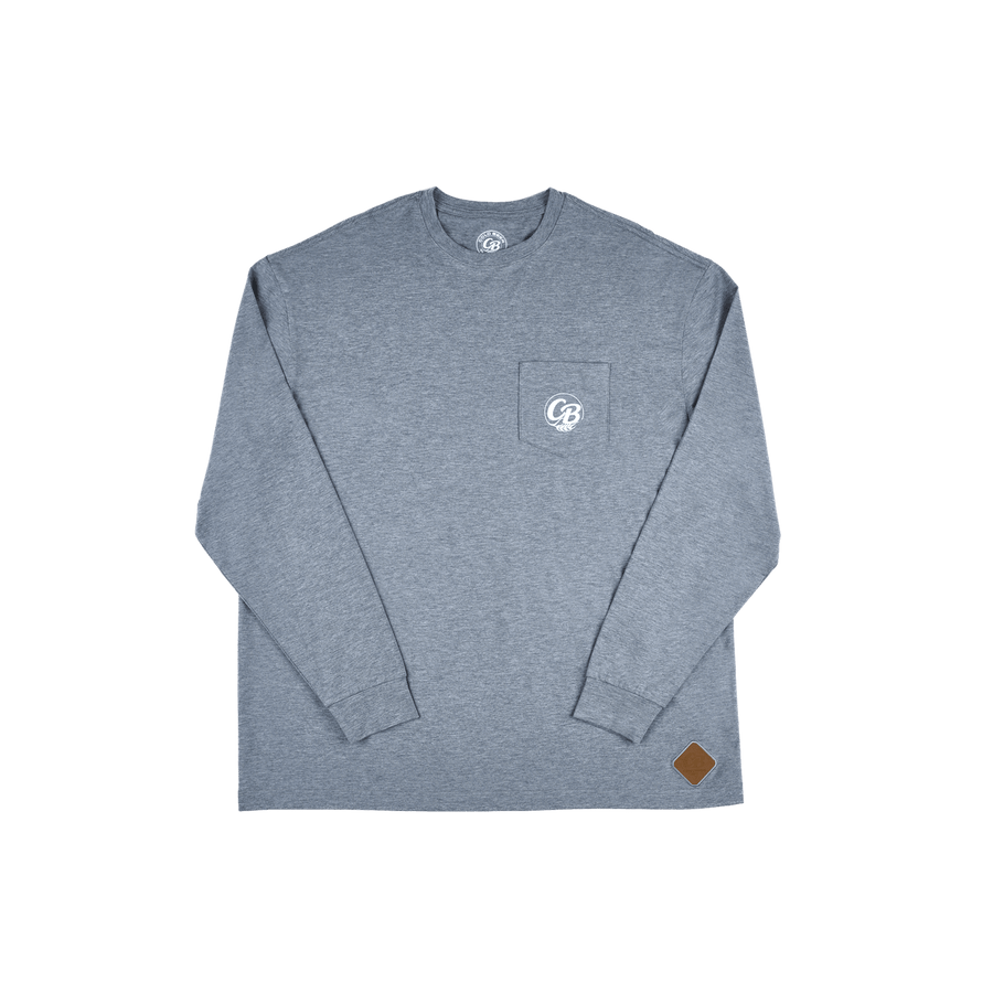 Long sleeve stacked bottle cap tee highlighting its soft fabric and bold design