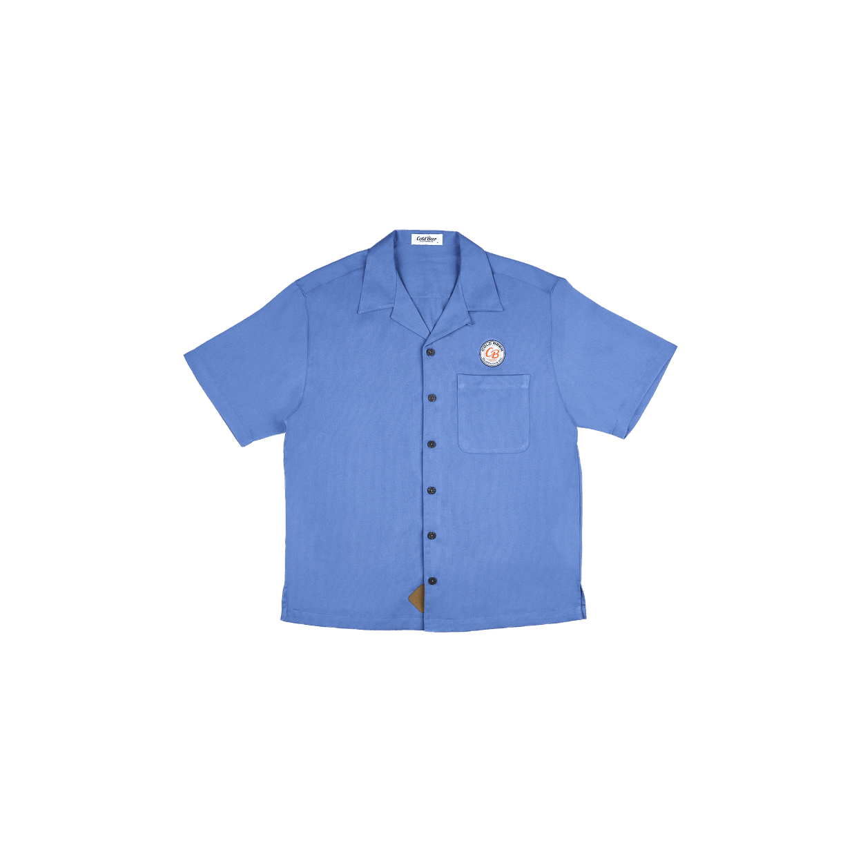 Full view of the ocean blue shirt, featuring a camp collar and breathable ribbed fabric for a comfortable fit