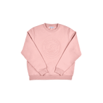 Women's pink sweatshirt showcasing its relaxed fit and soft fleece interior.