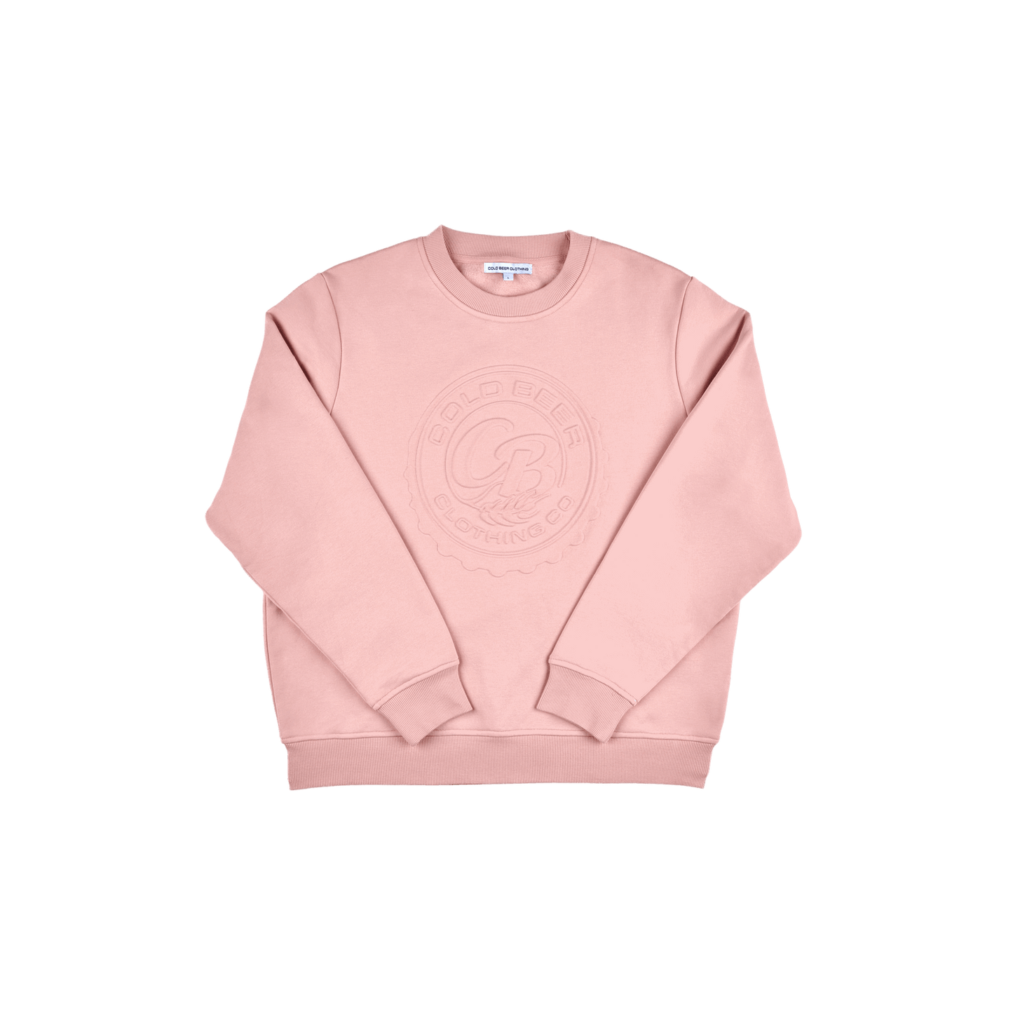 Women's pink sweatshirt showcasing its relaxed fit and soft fleece interior.