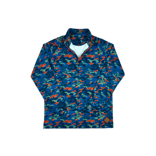 Close-up of the Urban Camo Quarter Zip, highlighting fabric texture and logo