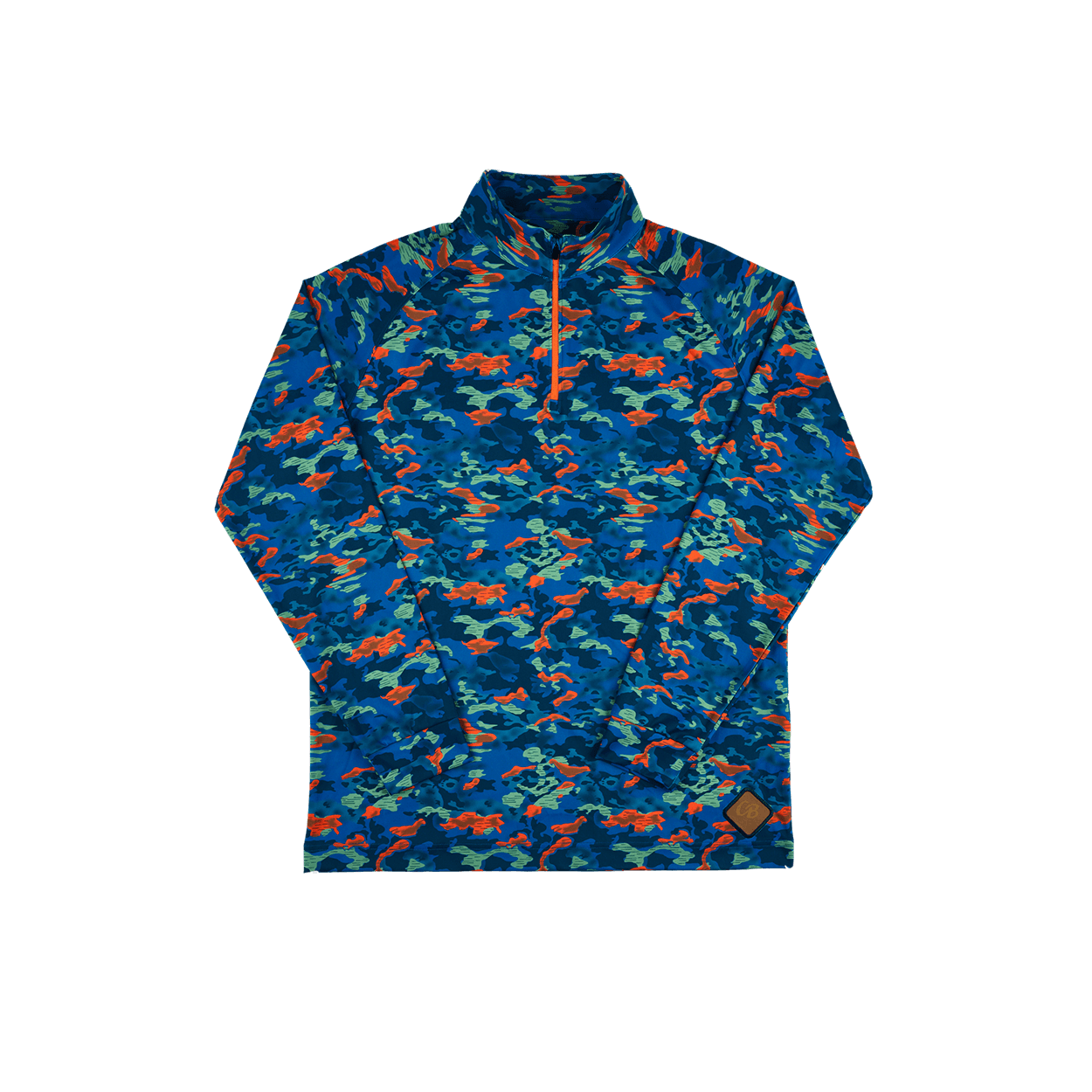 Close-up of the Urban Camo Quarter Zip, highlighting fabric texture and logo