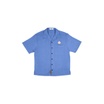 Full view of the ocean blue shirt, featuring a camp collar and breathable ribbed fabric for a comfortable fit
