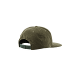 Angled back view of The Classic Olive Corduroy Hat by Cold Beer Clothing Co., showing olive green corduroy fabric, flat brim, and adjustable snapback closure.