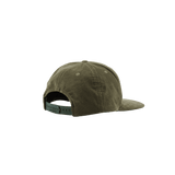 Angled back view of The Classic Olive Corduroy Hat by Cold Beer Clothing Co., showing olive green corduroy fabric, flat brim, and adjustable snapback closure.