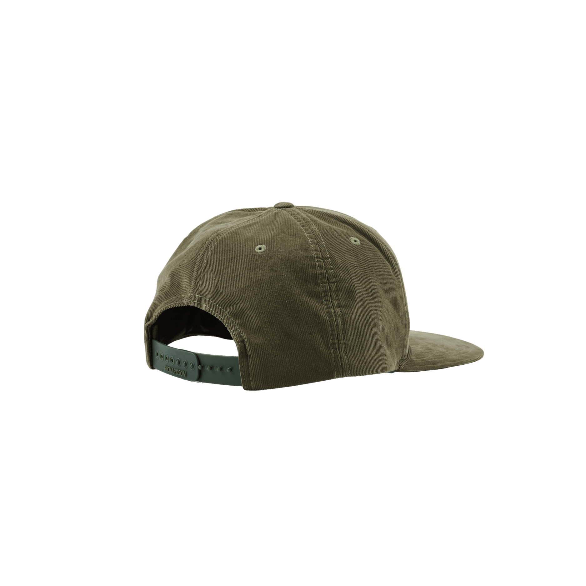 Angled back view of The Classic Olive Corduroy Hat by Cold Beer Clothing Co., showing olive green corduroy fabric, flat brim, and adjustable snapback closure.