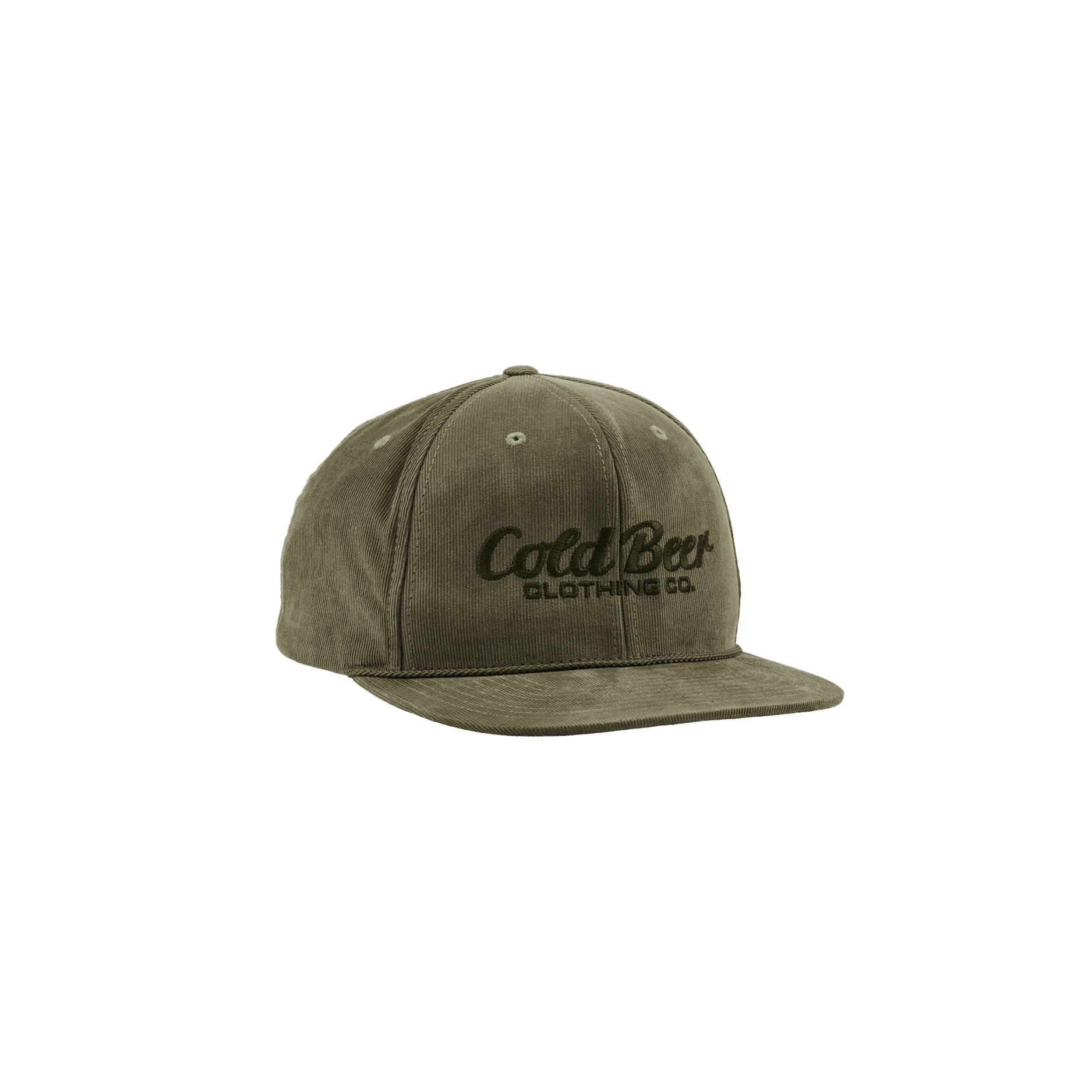 Angled front view of The Classic Olive Corduroy Hat by Cold Beer Clothing Co., featuring olive green corduroy fabric, embroidered logo, and flat brim.