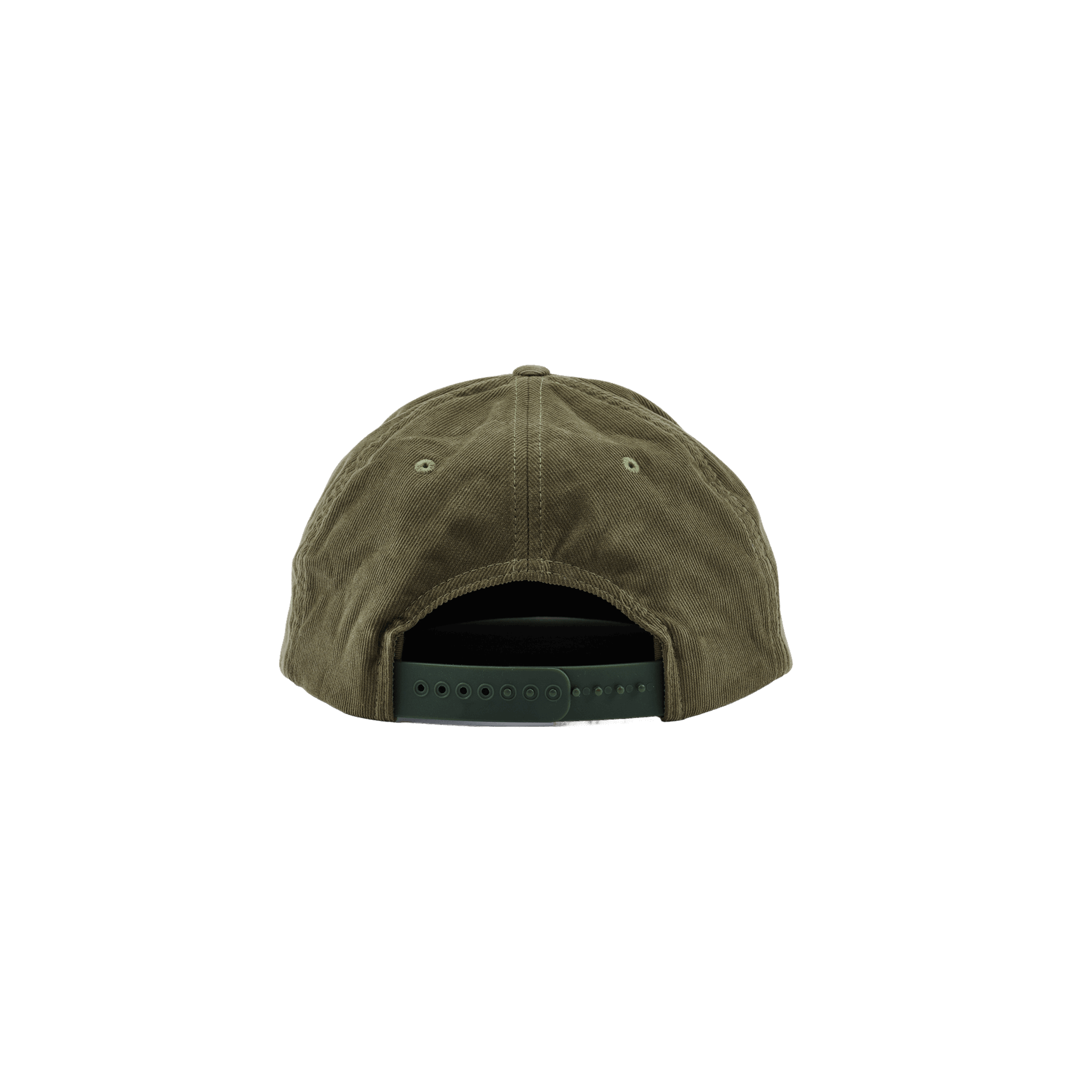 Back view of The Classic Olive Corduroy Hat by Cold Beer Clothing Co., featuring olive green corduroy fabric, ventilation eyelets, and an adjustable snapback closure.