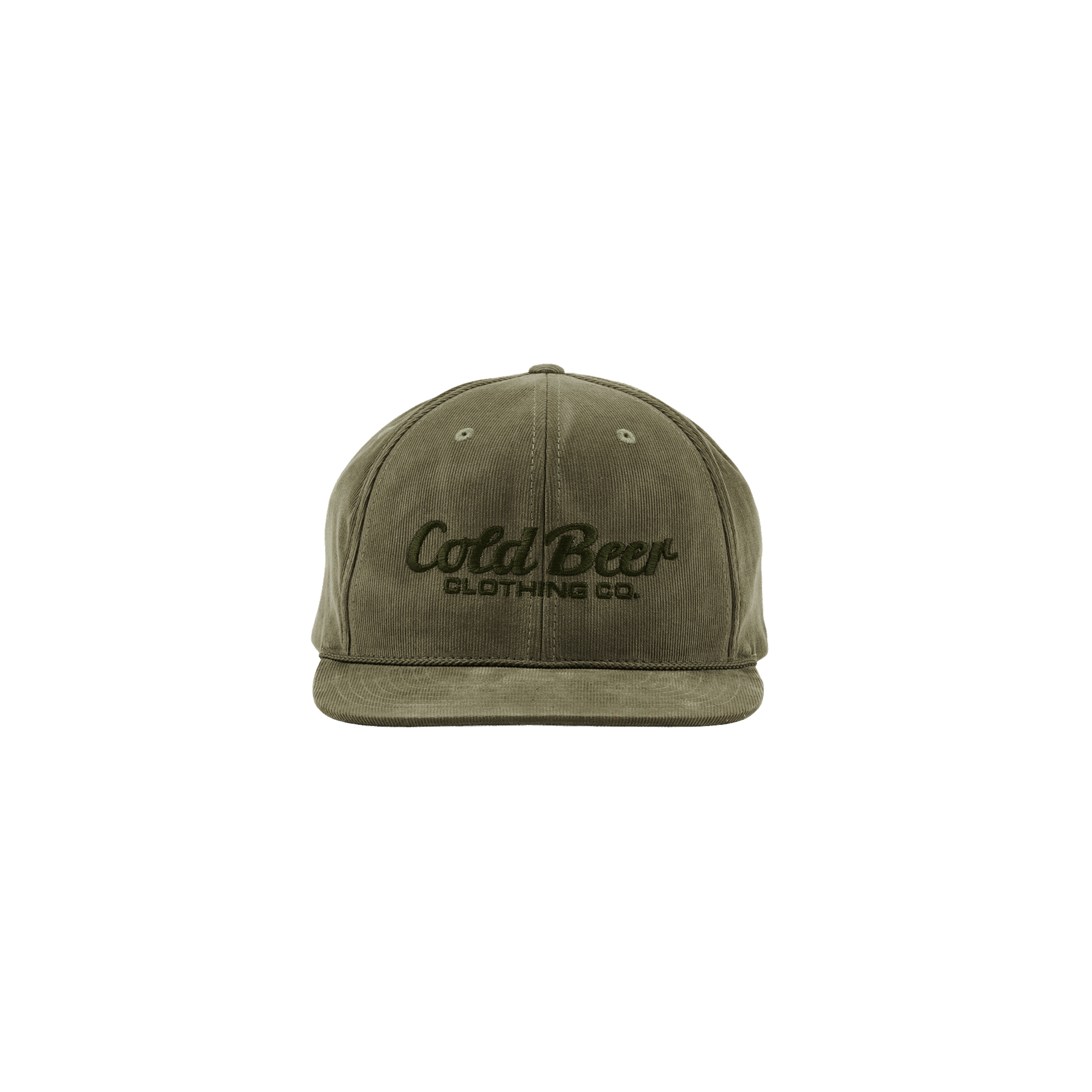 Front view of The Classic Olive Corduroy Hat by Cold Beer Clothing., featuring olive green corduroy, an embroidered CBC logo, and structured crown.