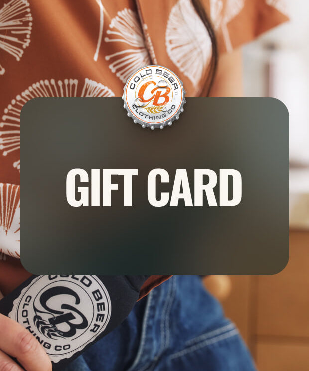Cold Beer Clothing Co. digital gift card graphic featuring a dark green gift card with white lettering and the CBC bottle cap logo against an orange patterned shirt.