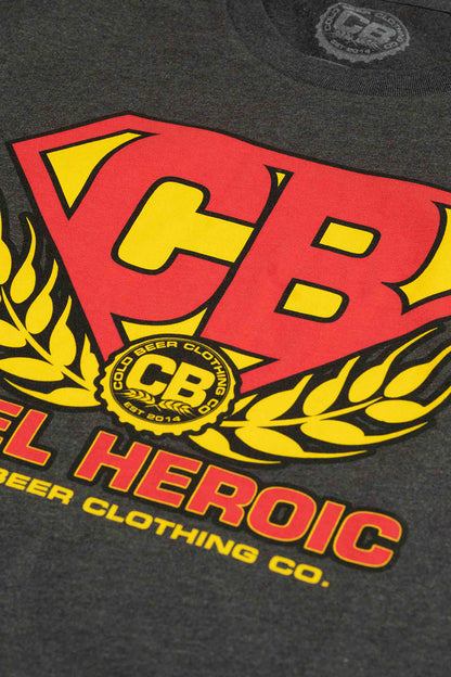 Cold Beer Clothing Heroic Tee Charcoal Heather Color Up Close View Of Logo