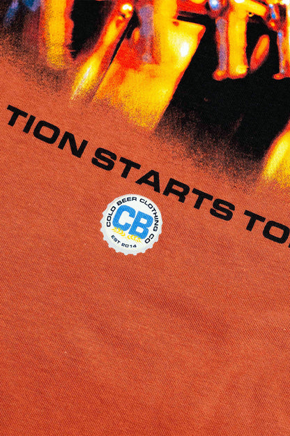 Cold Beer Clothing Moderation Tee Copper Color Up Close View Of Logo