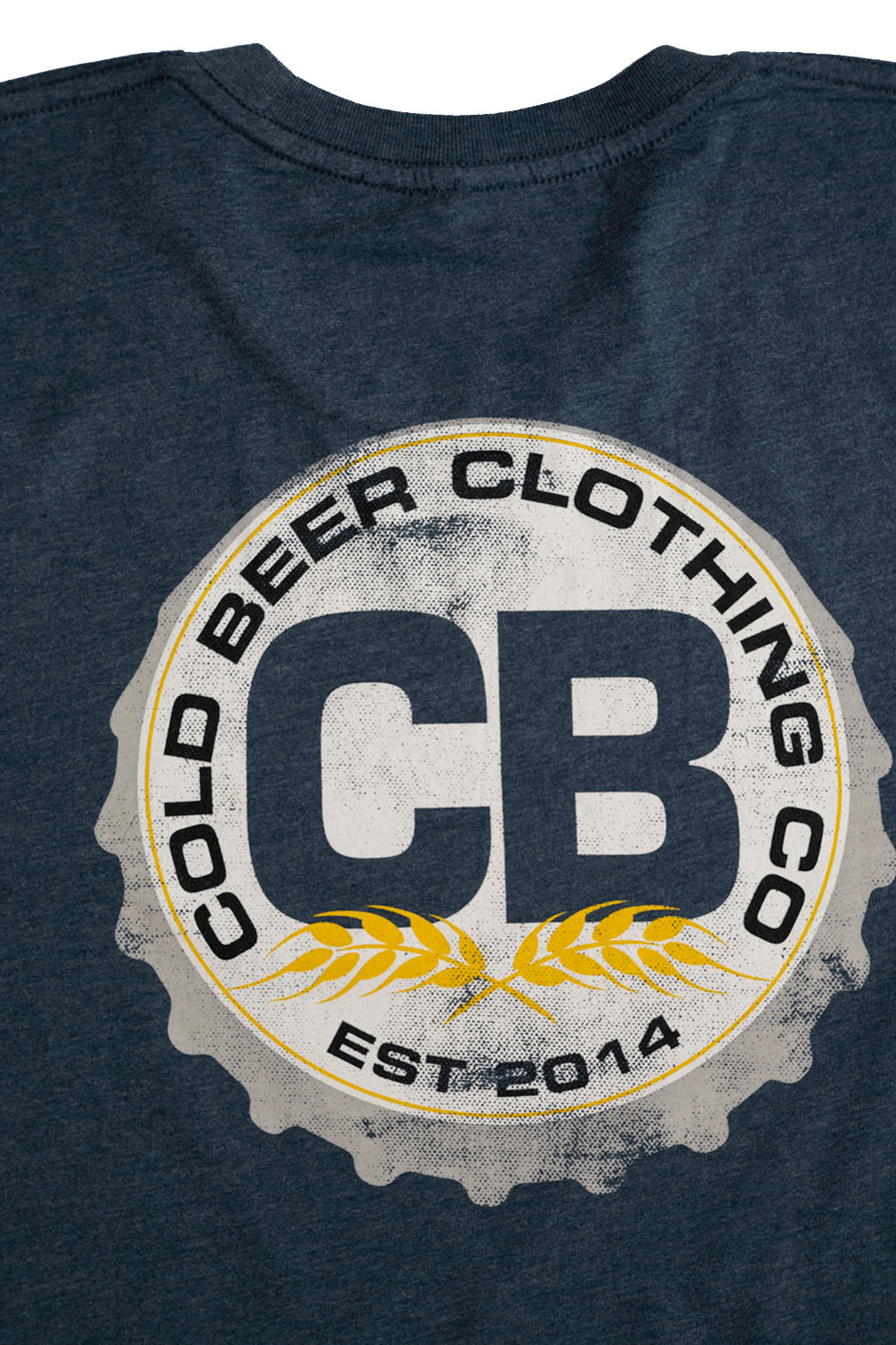 Cold Beer Clothing Original Logo Tee Heather Navy Color Close Up View Of Logo On Back