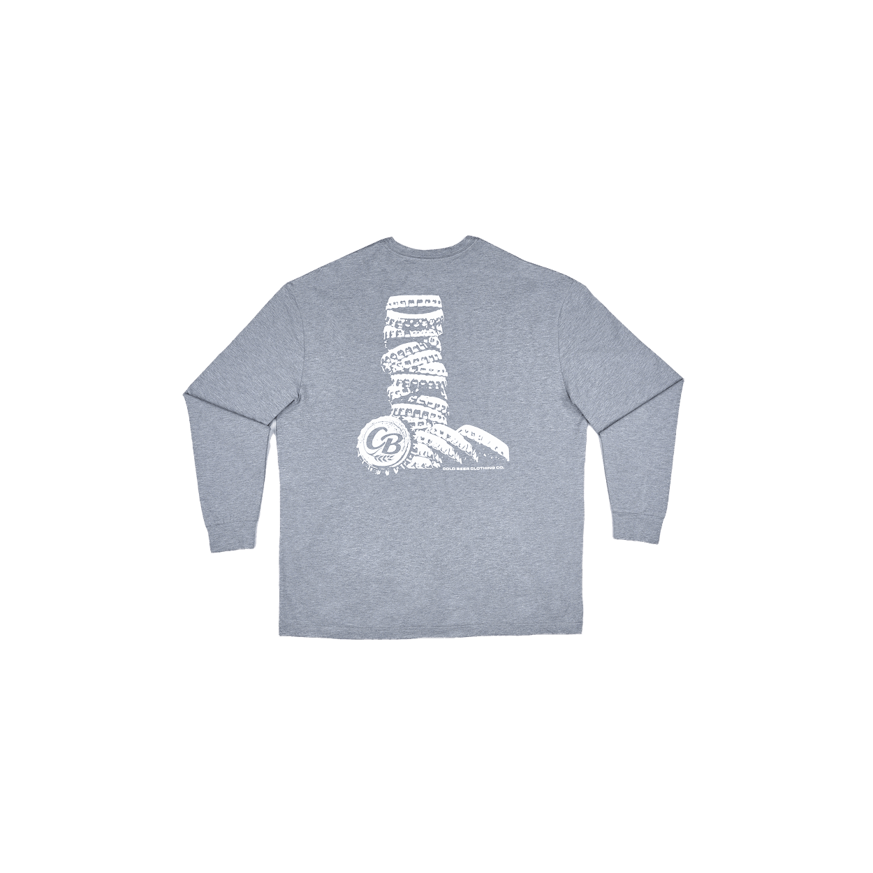 Back view of The Fully Stocked Long Sleeve Tee by Cold Beer Clothing Co., featuring a heather gray shirt with a white stacked bottle cap graphic tee on a white background.