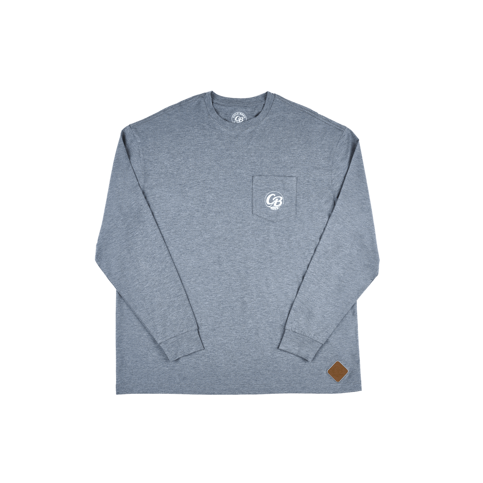 Front view of The Fully Stocked Long Sleeve Tee by Cold Beer Clothing Co., featuring  a heather gray fabric, chest pocket with CBC logo, and signature Gripp-Tac patch near the hem.