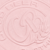 Close-up of the tonal 3D embossed Cold Beer Clothing Co. bottle cap logo on the Pink Crewneck Sweatshirt, highlighting the raised design and fabric texture.