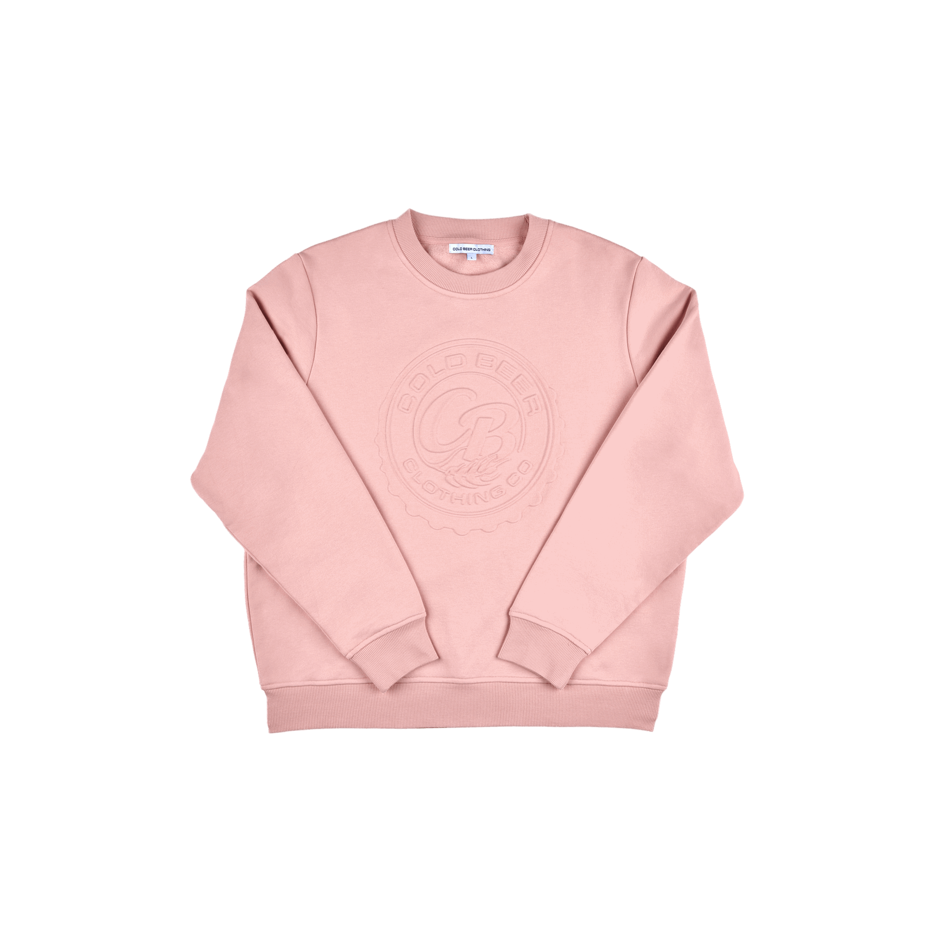 Pink crewneck sweatshirt by Cold Beer Clothing Co. featuring an embossed bottle cap logo on the front and soft fleece lining.