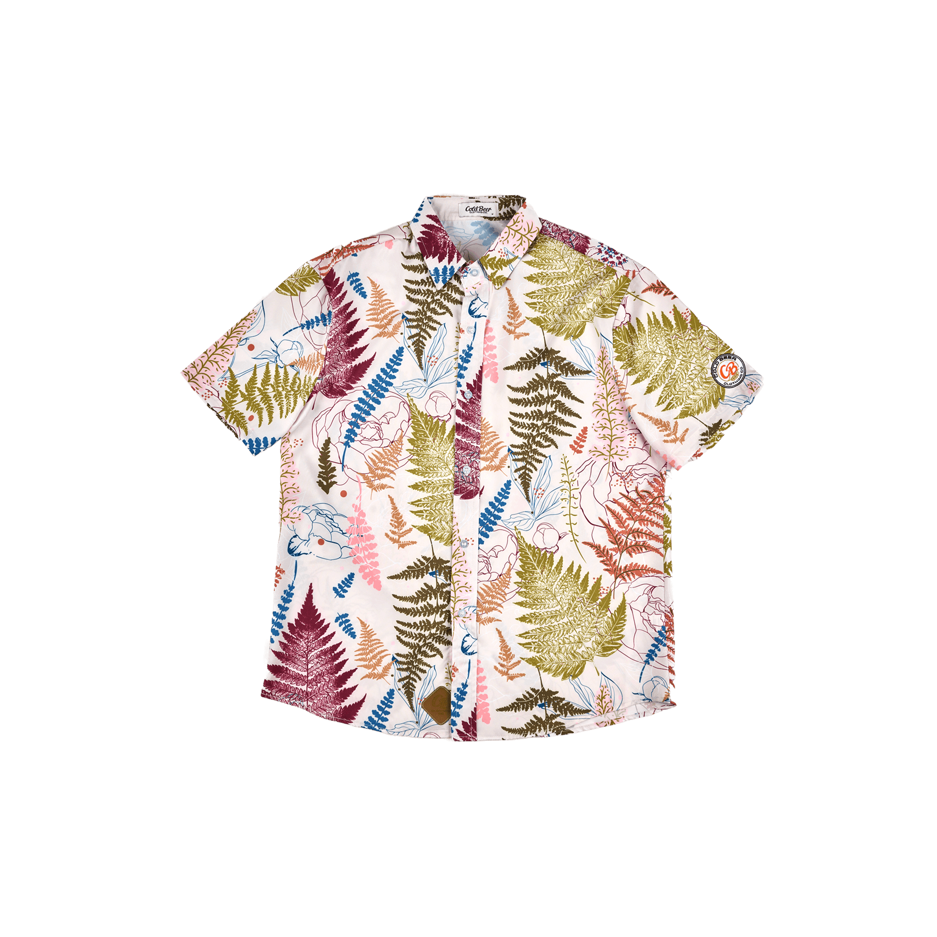 Front view of the Vintage Big Leaf Button Down by Cold Beer Clothing Co., featuring a colorful tropical leaf print, short sleeves, and a button-front design.  